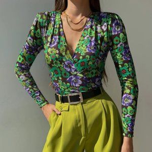Zara Women's Floral Faux Wrap Long Sleeve Green Purple Draped Bodysuit Size S